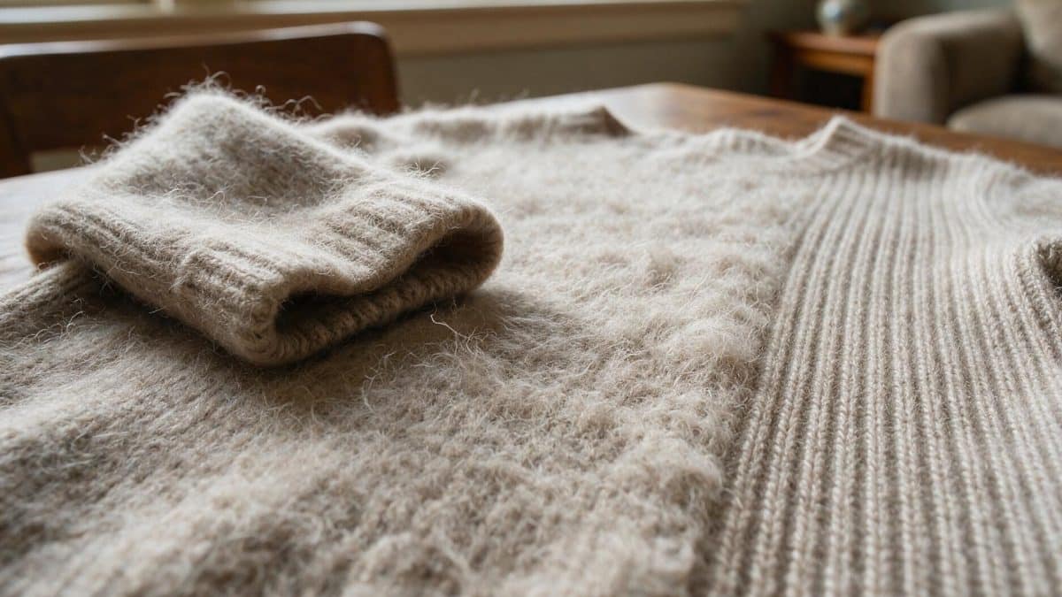 Close view of matted felted cashmere knit beside an area of intact fine ribbing