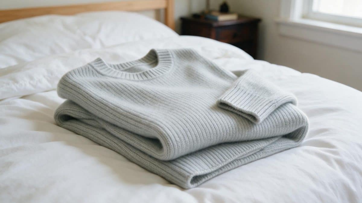 Pale grey ribbed cashmere sweater folded on a white duvet in a sunlit bedroom