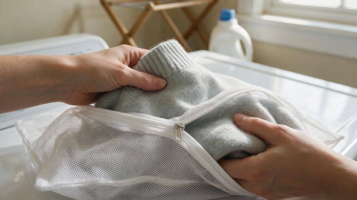 Two hands easing a grey cashmere sweater into a zipped white mesh laundry bag