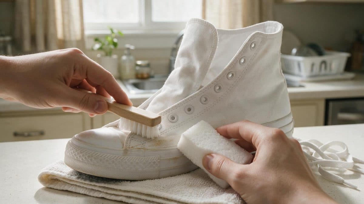 Hands brushing a canvas sneaker and rubbing its rubber toe cap with a melamine sponge