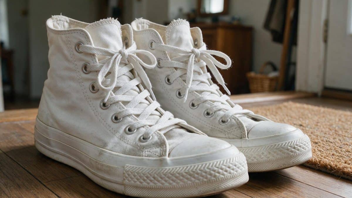 Worn pair of white cotton canvas high-top sneakers on a wooden entryway floor
