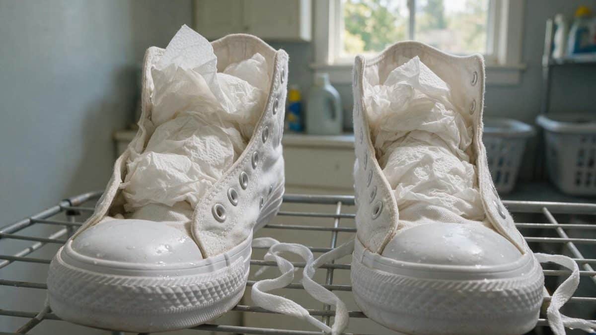Two washed canvas high-tops stuffed with white paper towel drying on a wire rack