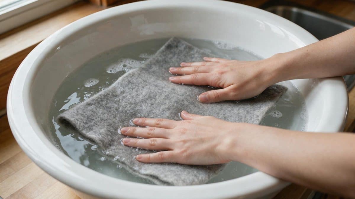 Two hands pressing a grey wool felt panel down under cool water in a white basin