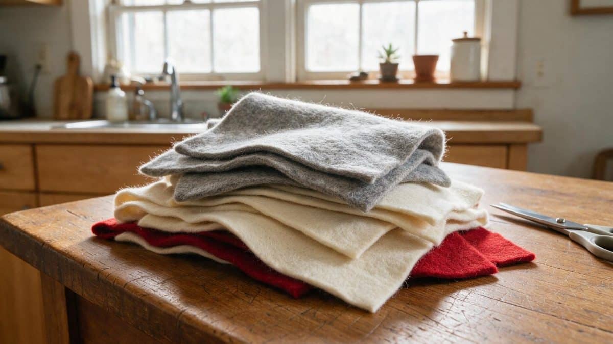 Stacked sheets of grey, cream and red wool felt on a wooden kitchen table