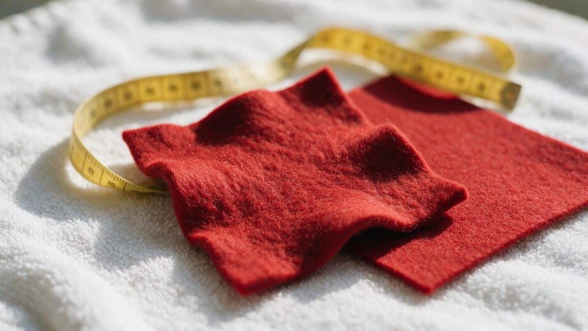 Shrunken warped red wool felt square on a towel beside a flat sheet and a tape measure