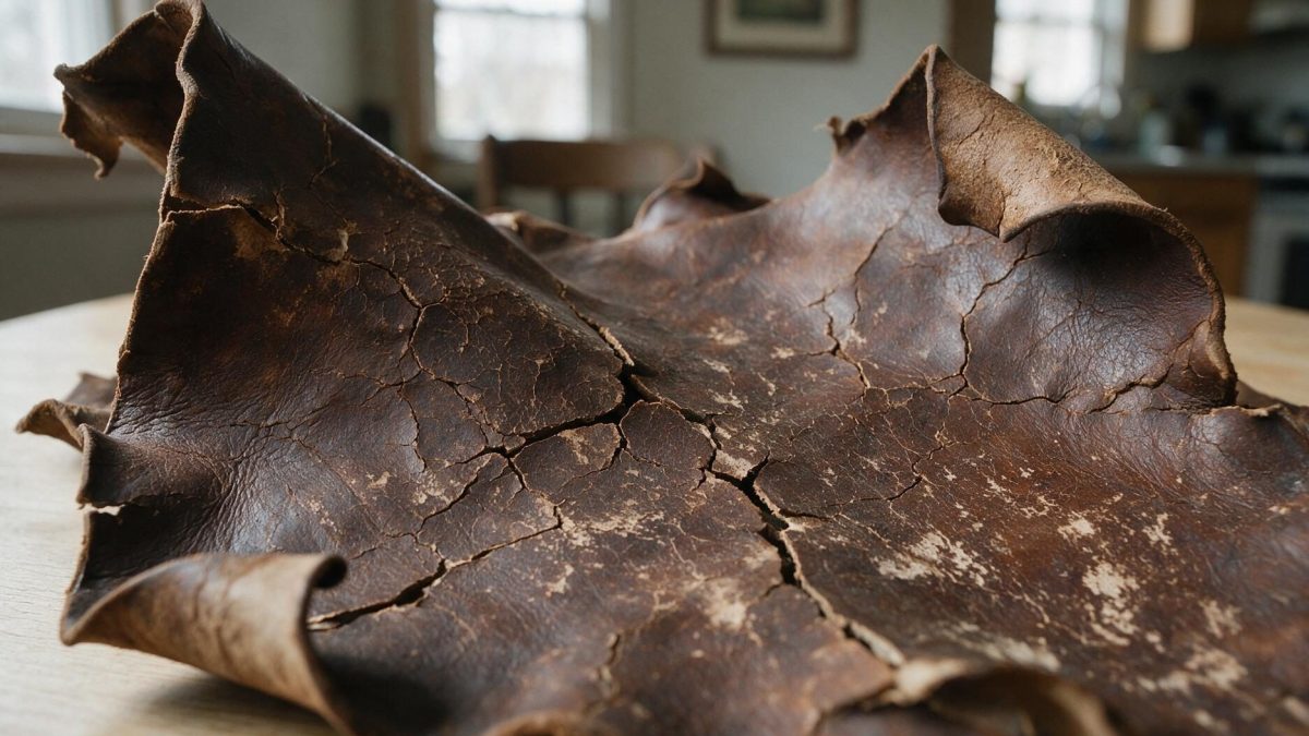 Stiffened brown leather dried hard, its finish crazed with cracks and edges curled like cardboard