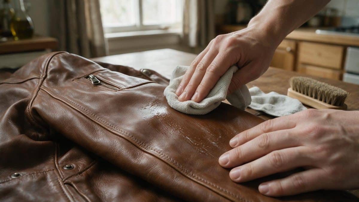 Hands wiping a brown leather jacket sleeve with a damp microfibre cloth on a table
