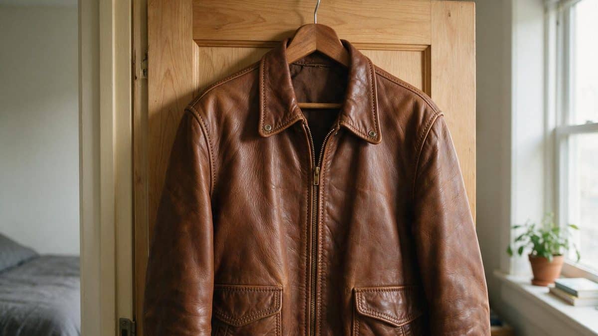 Worn brown cowhide leather jacket hanging on a broad wooden hanger on a bedroom door
