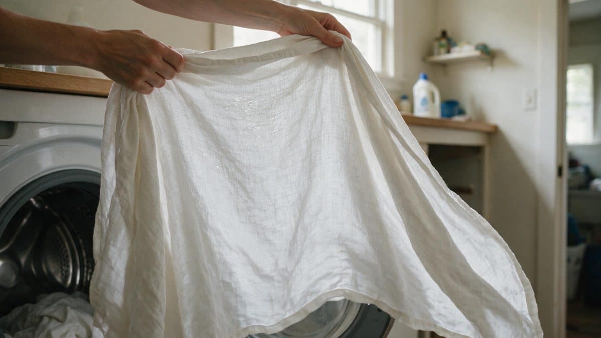 Hands lifting a damp white linen sheet from an open washing machine drum