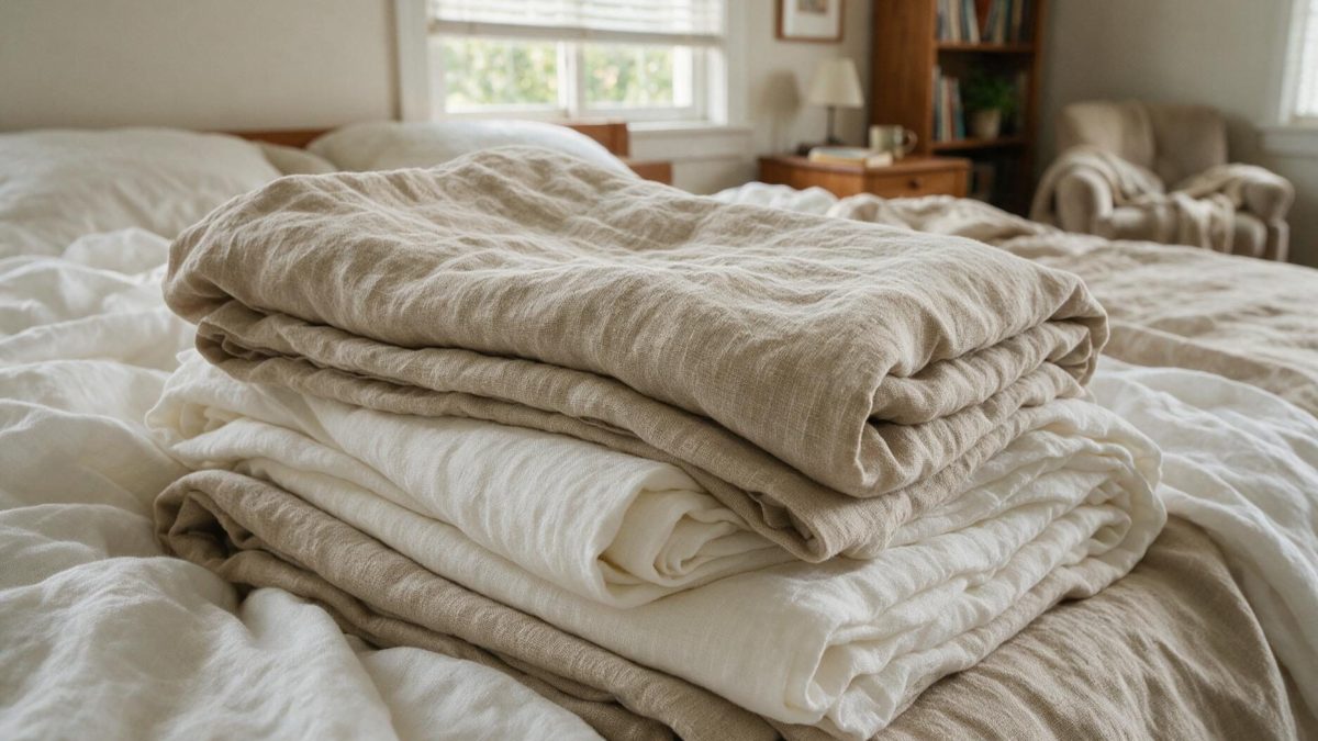 Folded stack of washed oatmeal and white pure linen sheets on a bed