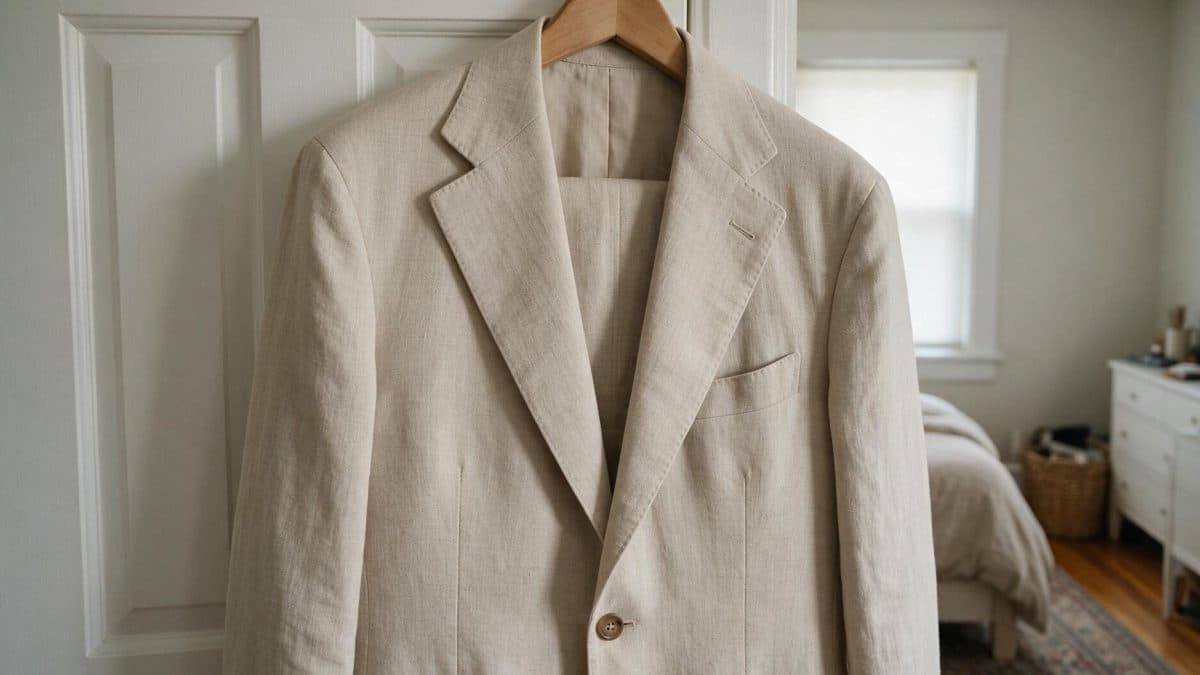 Tailored oatmeal linen blazer hanging on a wooden hanger on a bedroom door