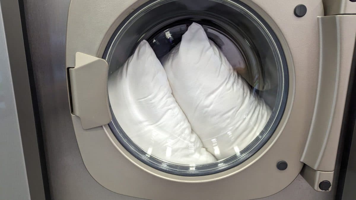 Two white pillows filling the drum of an open front-loading washing machine