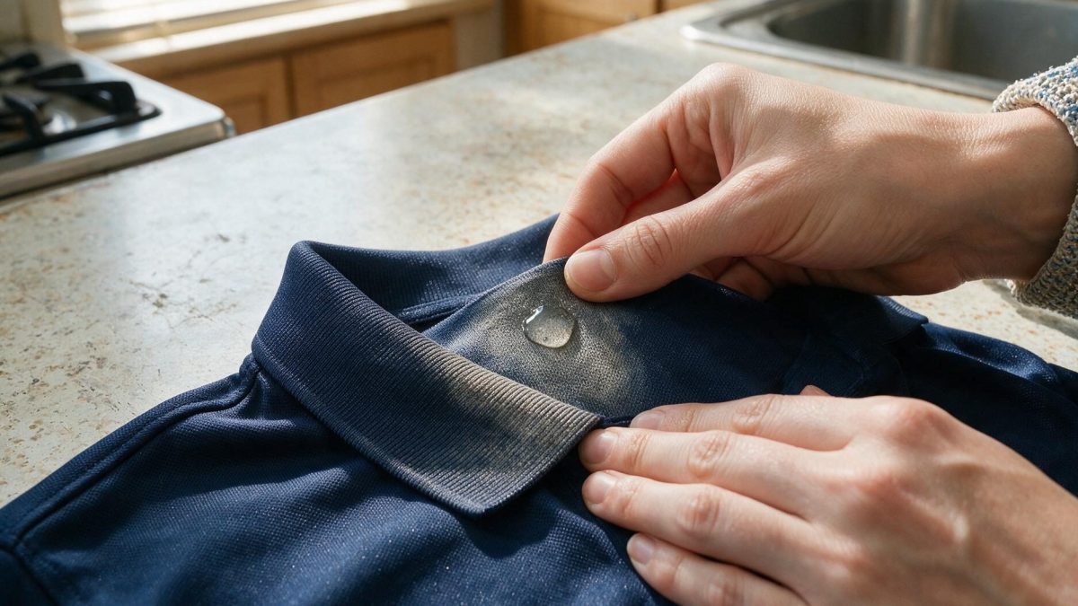 Fingertip working a drop of dish soap into the greyed collar of a polyester shirt