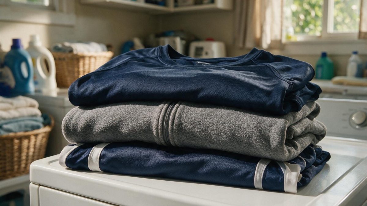 Folded navy polyester athletic shirt, grey fleece and sports jersey stacked on a washer