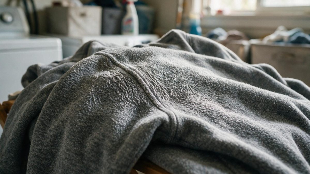 Grey polyester fleece with its pile matted flat and a hard crease across the shoulder