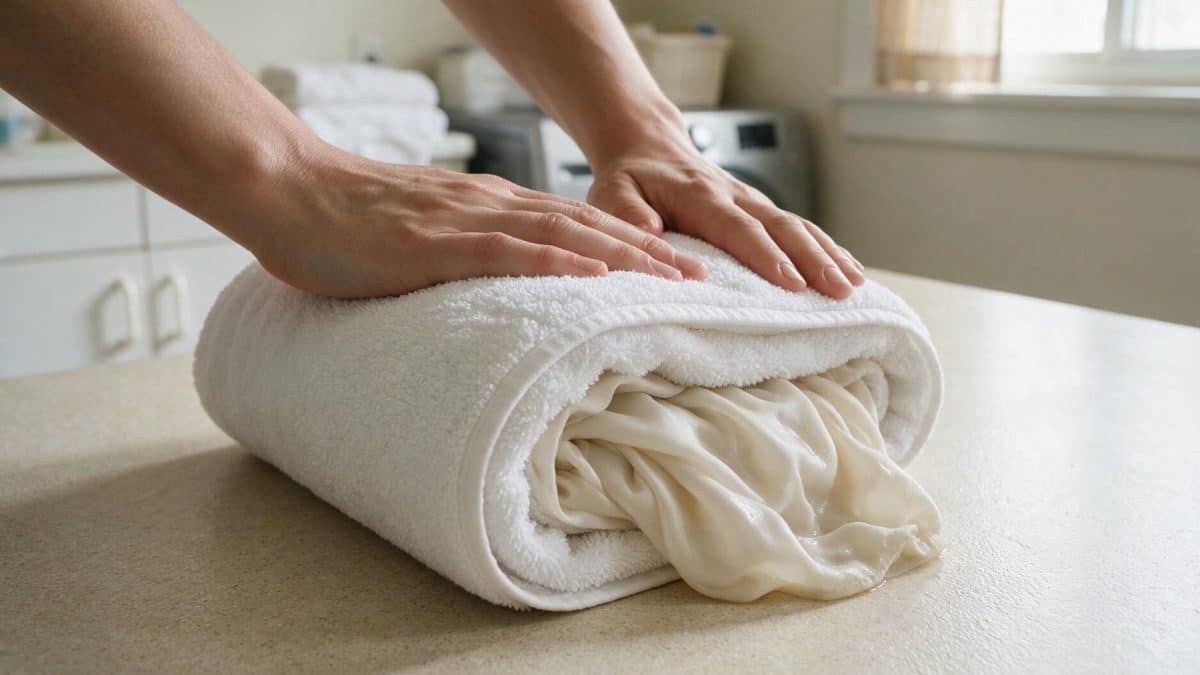 Two hands pressing flat on a rolled white towel with wet rayon inside