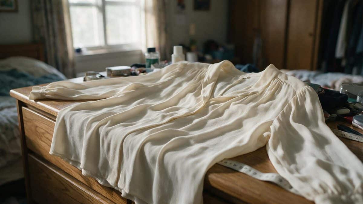 Ivory viscose rayon blouse laid flat on a wooden bedroom dresser beside a tape measure