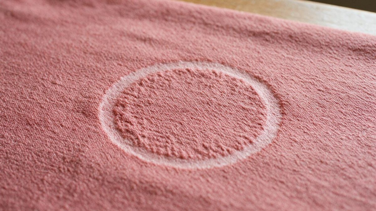 Pale hard-edged ring left on dusty rose viscose rayon crepe by a water drop