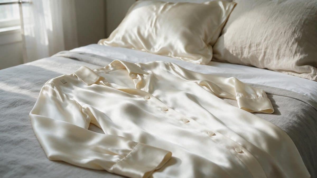 Ivory silk charmeuse blouse laid open across a made bed beside a silk pillowcase