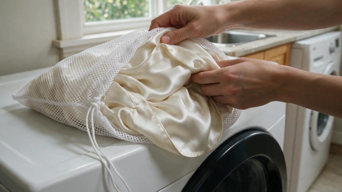Hands tucking an inside-out ivory silk charmeuse blouse into a white mesh laundry bag
