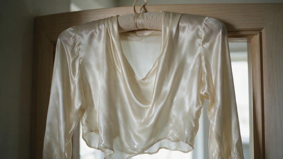Damp ivory silk charmeuse blouse drying on a wide padded hanger in soft indoor light