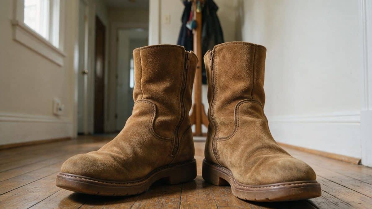 A pair of tan suede ankle boots standing on a wooden hallway floor