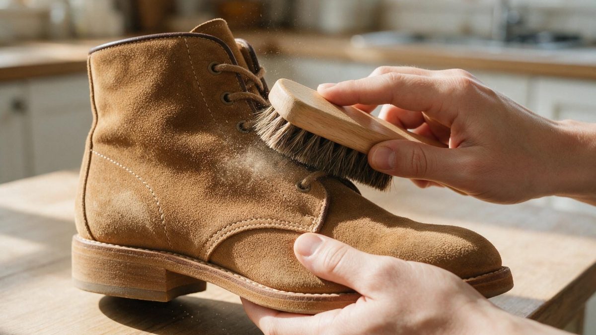 Hands sweeping a suede brush across a tan suede boot, lifting dry dust