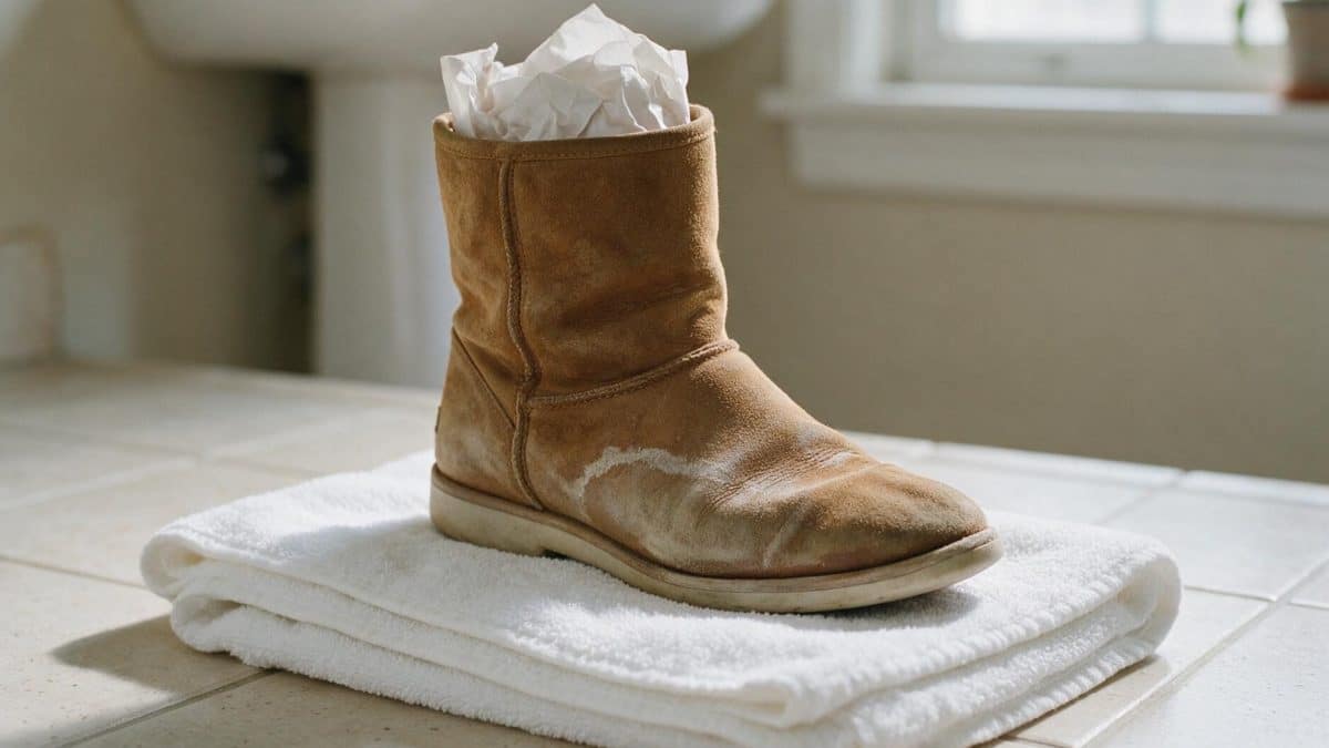 A damp suede boot packed with white paper, a pale ring dried across the vamp