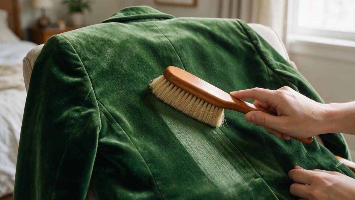 Hands sweeping a soft-bristled brush across the dry pile of a green cotton velvet jacket