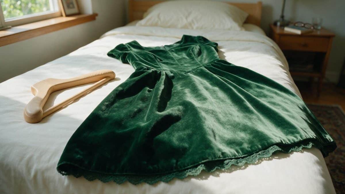 Deep green cotton velvet dress laid flat on a white bed beside a padded wooden hanger