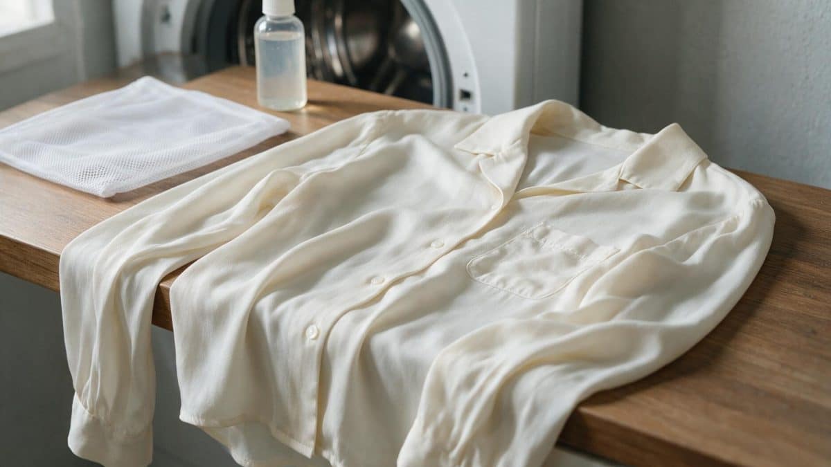 Ivory viscose blouse spread across a wooden laundry counter beside an open washing machine