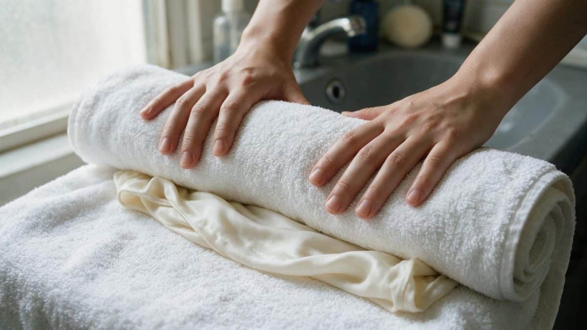 Two flat hands pressing along a rolled white bath towel with ivory viscose inside