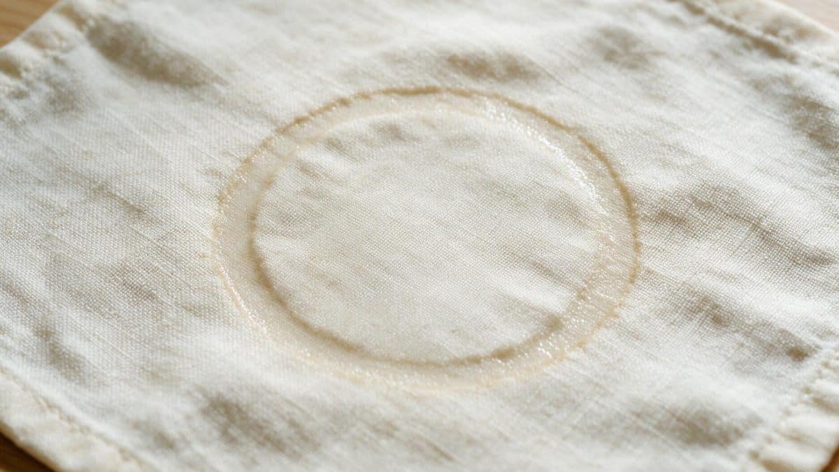Close-up of pale viscose fabric marked by a hard-edged tan ring from dried water