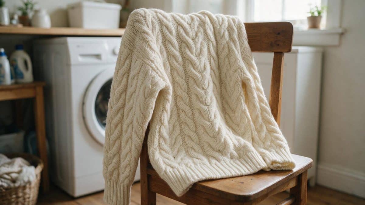 Cream cable-knit merino wool sweater draped over a wooden chair beside a front-loading washing machine