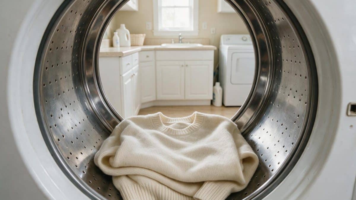 A single cream merino wool sweater alone in the stainless steel drum of a front-loader