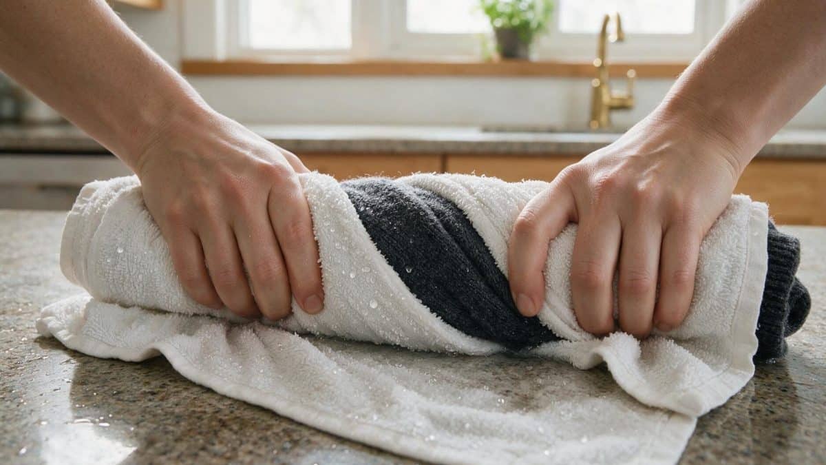Hands pressing water from a dark merino wool sweater rolled inside a white bath towel