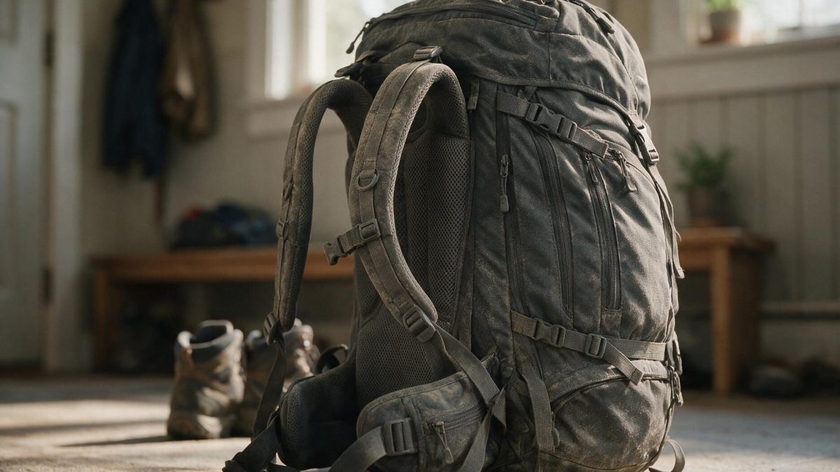Dusty charcoal backpack in coated nylon standing on a mudroom floor beside hiking boots