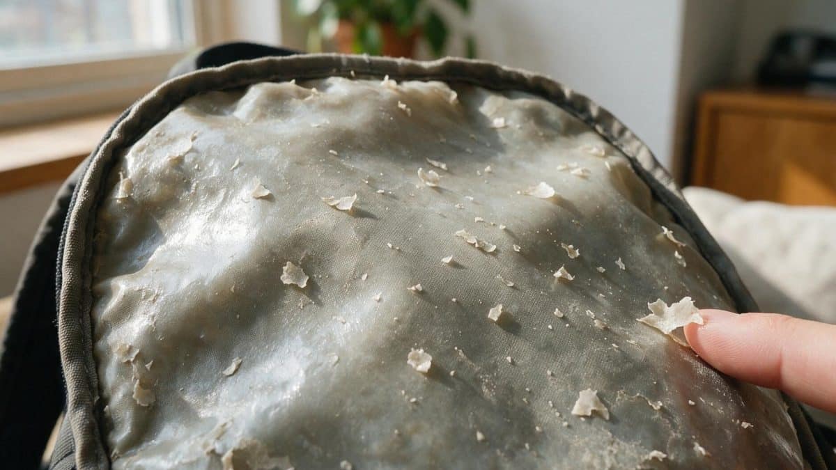 Close-up of a backpack turned inside out, polyurethane coating flaking off in pale curls