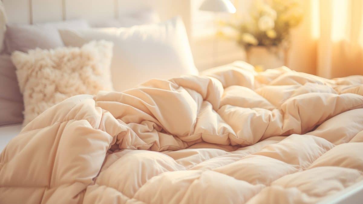 Thick ivory comforter lying loosely across a made bed in a sunlit bedroom