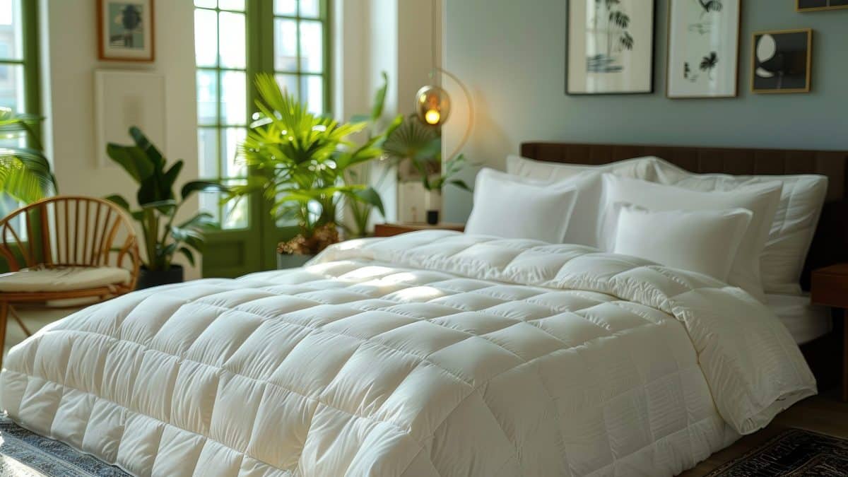 Thick white box-quilted down comforter spread over a made bed in a sunlit bedroom