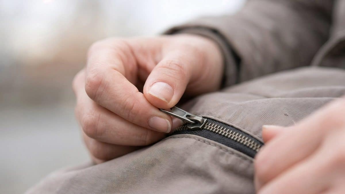 Close-up of two hands pulling a metal zipper closed on a padded jacket