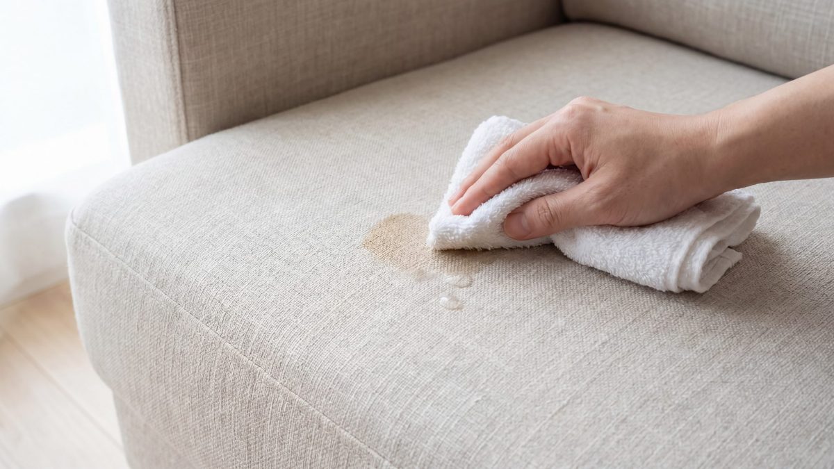 Hand pressing a folded white towel onto a damp stain on beige woven upholstery