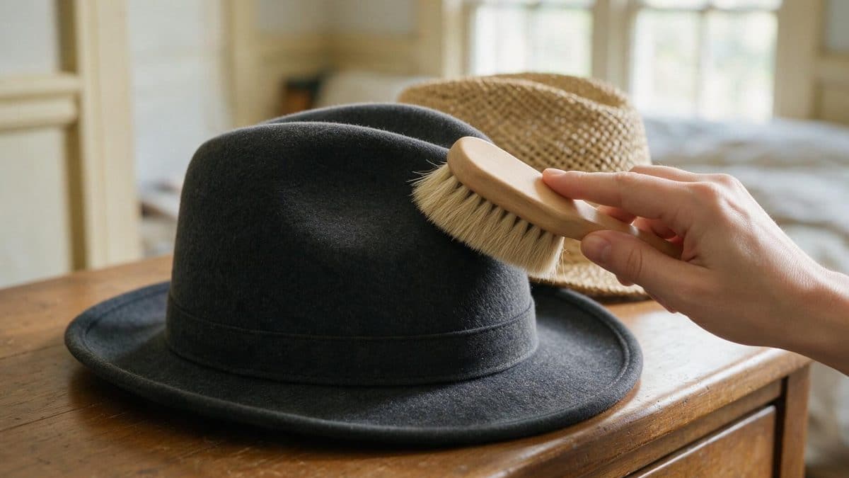 A hand sweeping a soft horsehair brush around the crown of a wool felt fedora