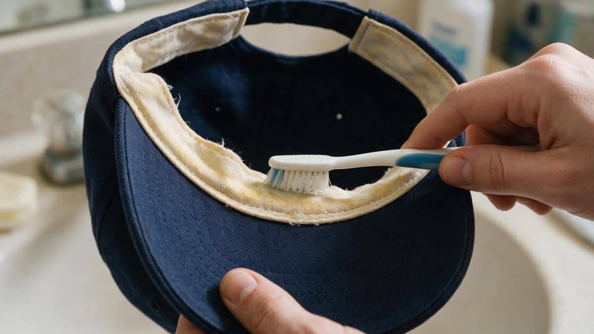 An old toothbrush working detergent into the yellowed cloth sweatband of an inside-out cap