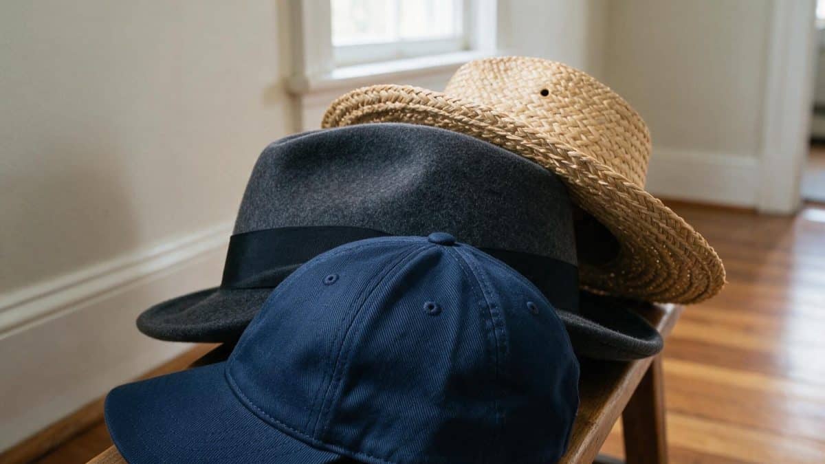 Navy cotton twill cap, charcoal wool felt fedora and a straw hat on a hallway bench