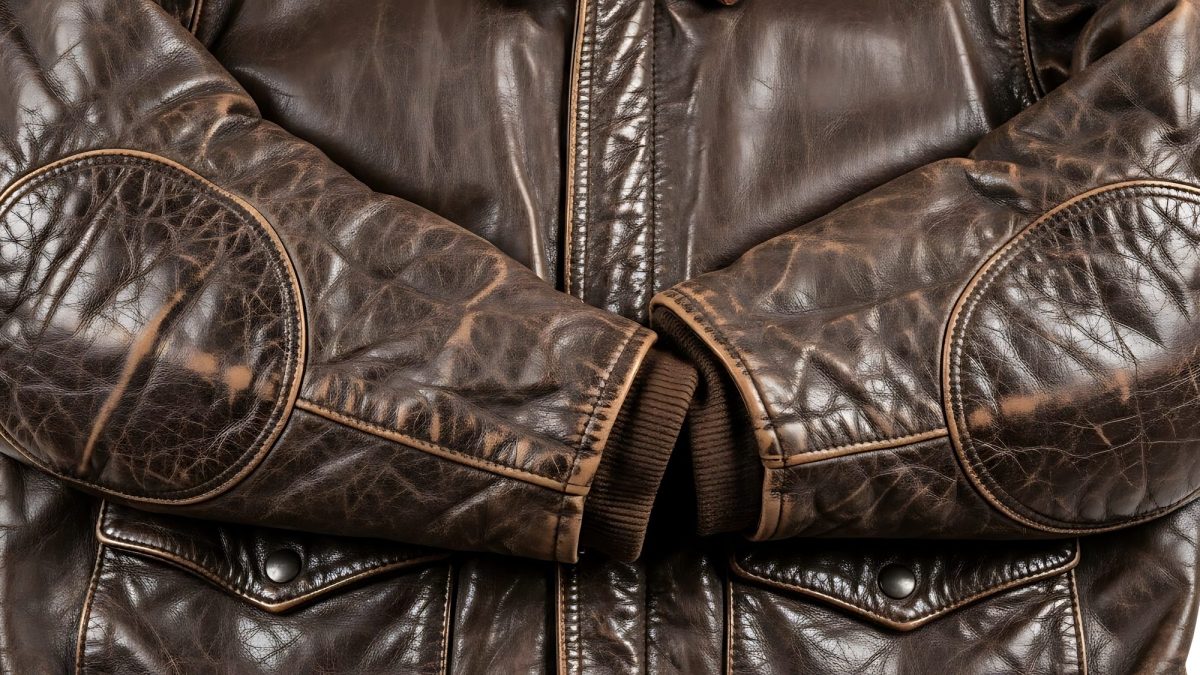 Close-up of brown leather sleeves with dry cracked creases and worn pale patches