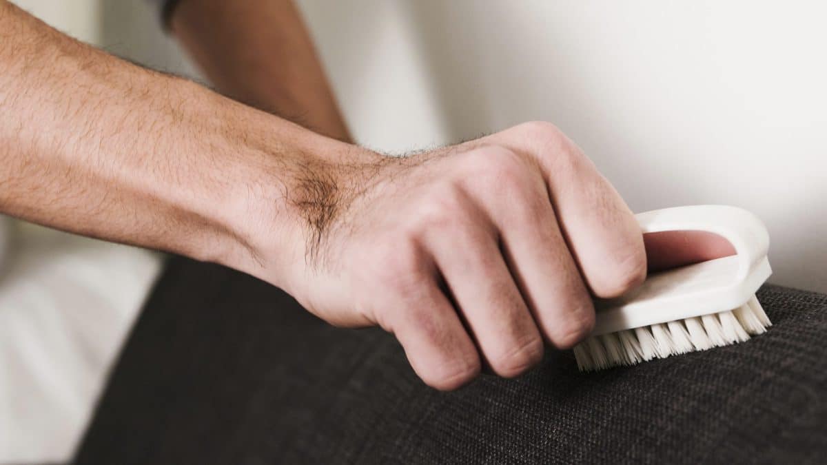 A hand pressing a white bristle brush along the fabric on the arm of a couch