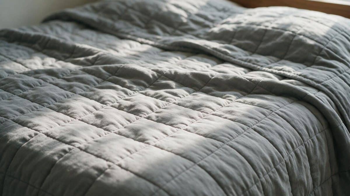 Grey quilted cotton weighted blanket spread across a bed, its stitched bead pockets plump