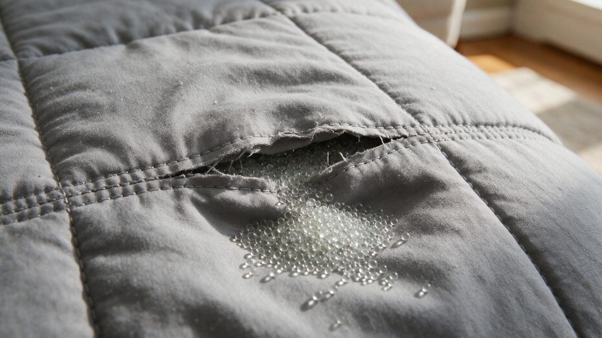 Split seam on a grey weighted blanket with fine glass beads spilling onto the fabric