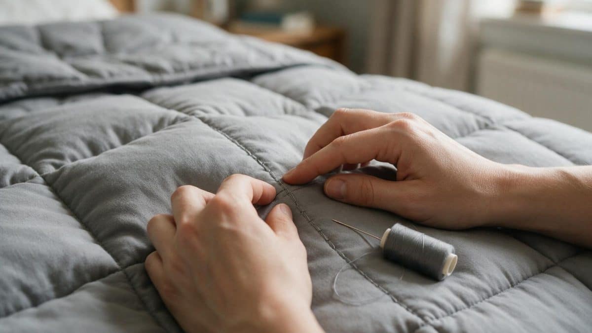 Fingertips tracing a quilting seam on a grey weighted blanket beside a needle and thread